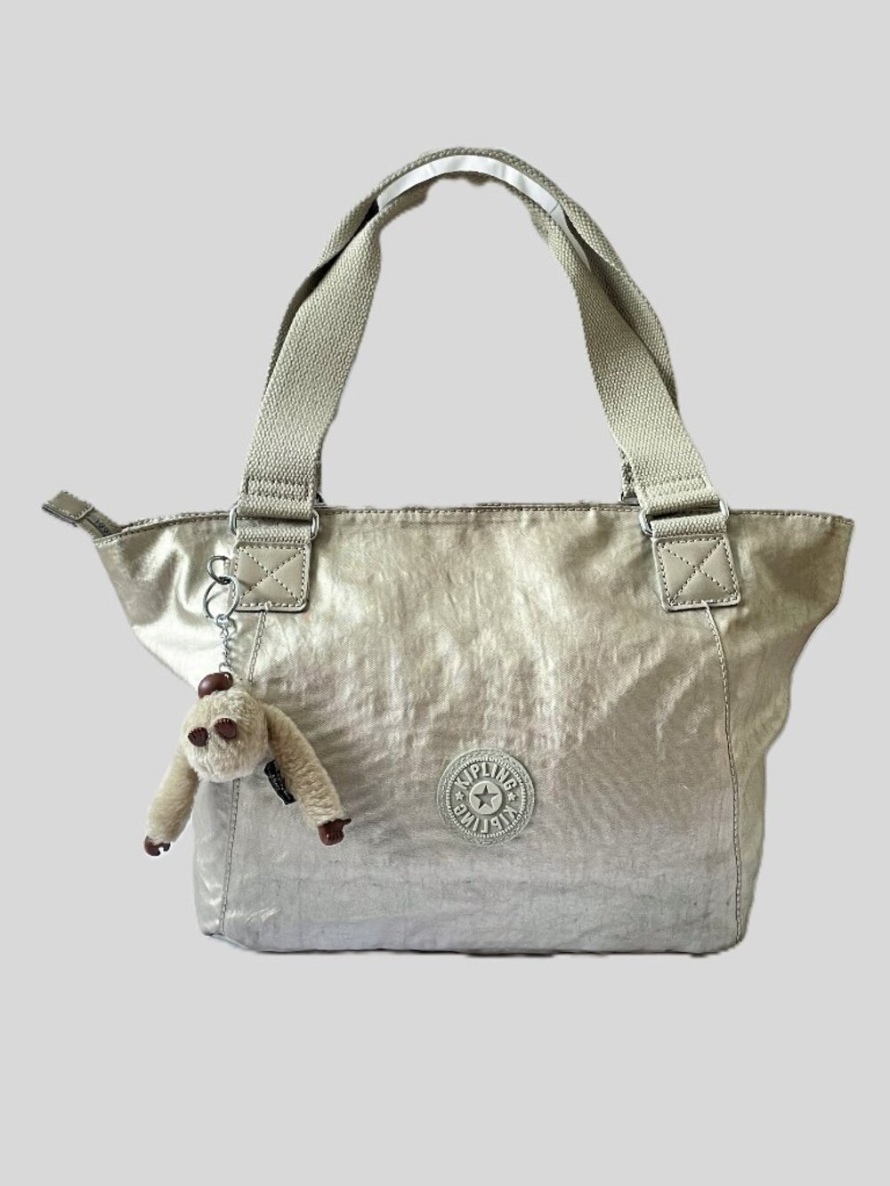 Kipling Metallic Silver Tote Bag with Monkey Keychain